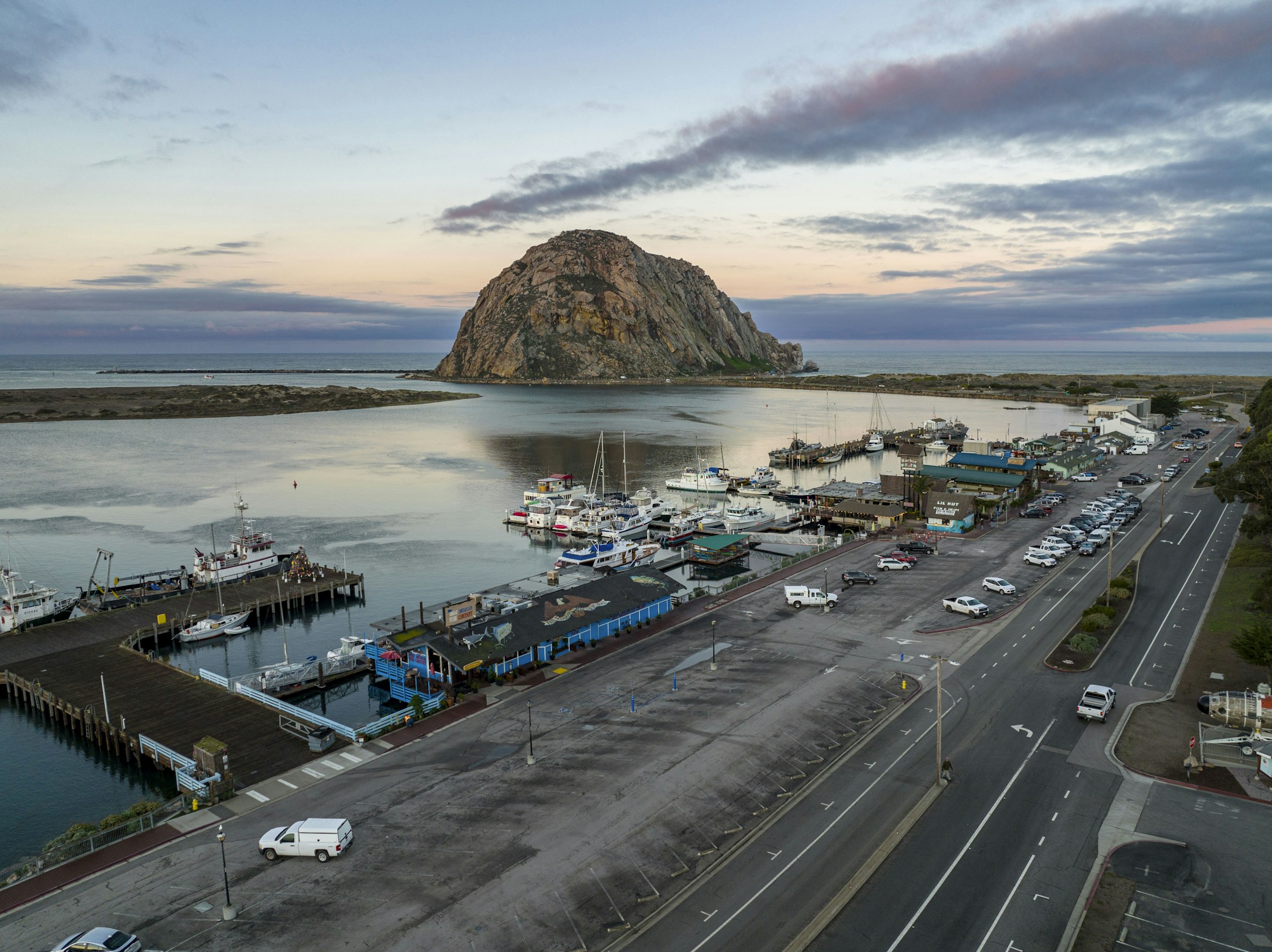 Morro Rock and the waterfront in Morro Bay, California